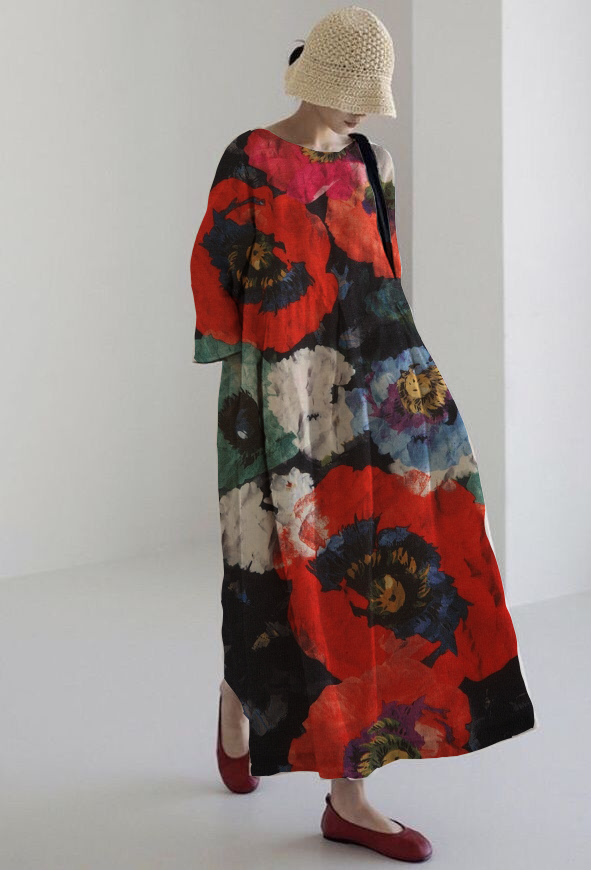 ROSALIA | Robe midi artistique à imprimé floral intense et confort absolu