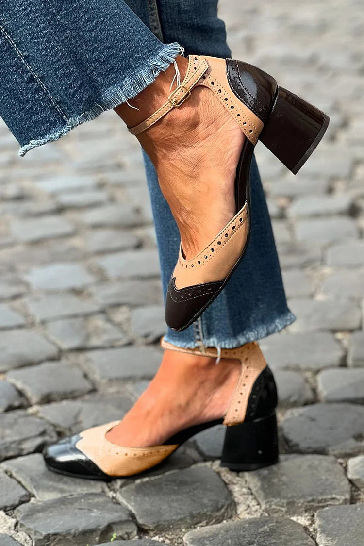 TESSA | PATCHWORK À TALONS KHAKI AVEC BRACELET DE CHEVILLE ET BOUCLE