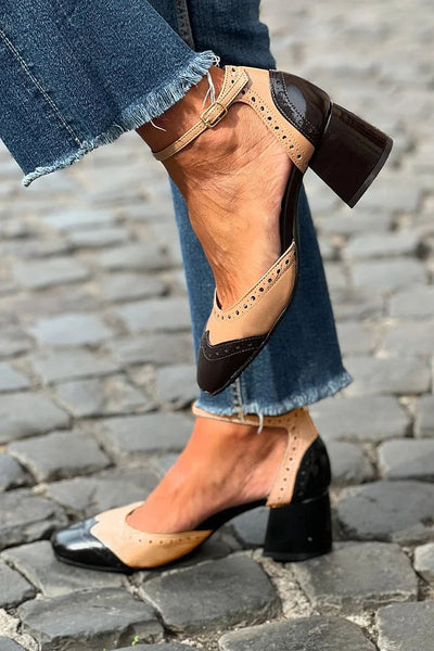 TESSA | PATCHWORK À TALONS KHAKI AVEC BRACELET DE CHEVILLE ET BOUCLE