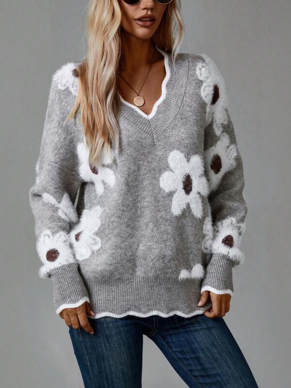 THEA | PULL FLORAL ÉLÉGANT À COL EN V