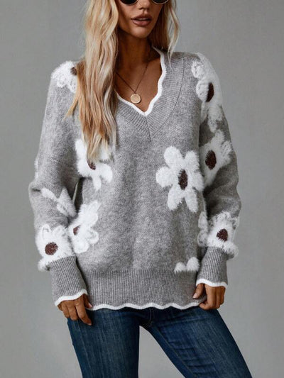 THEA | PULL FLORAL ÉLÉGANT À COL EN V