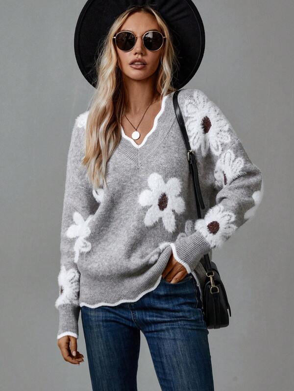 THEA | PULL FLORAL ÉLÉGANT À COL EN V