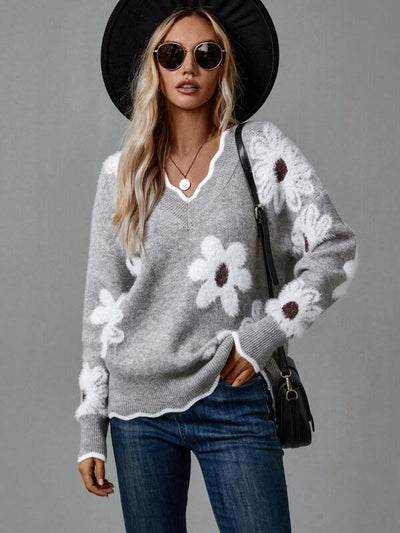 THEA | PULL FLORAL ÉLÉGANT À COL EN V