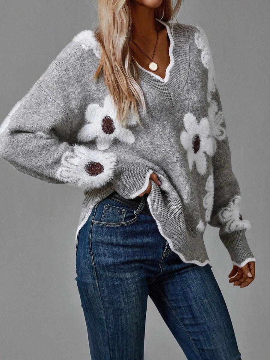 THEA | PULL FLORAL ÉLÉGANT À COL EN V