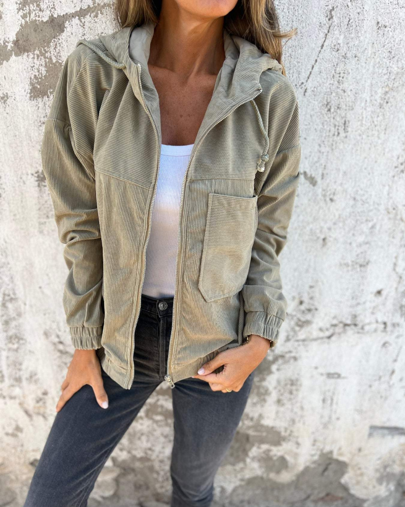 Ella | Veste en velours côtelé avec capuche et fermeture éclair