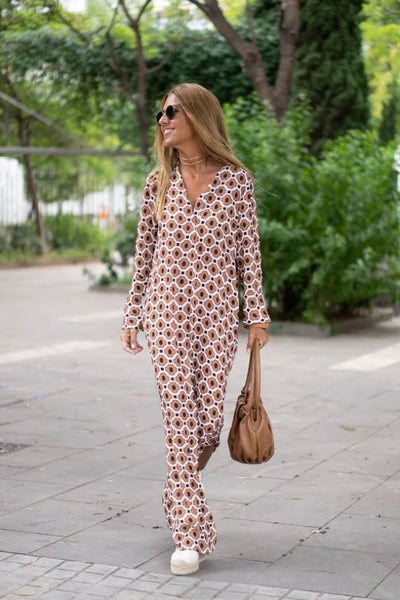 Bellevo | Robe Élégante avec Imprimé Marron