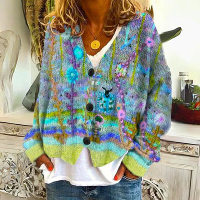 Angie | Veste en tricot chaude pour femmes avec fleurs | Bouton duvet