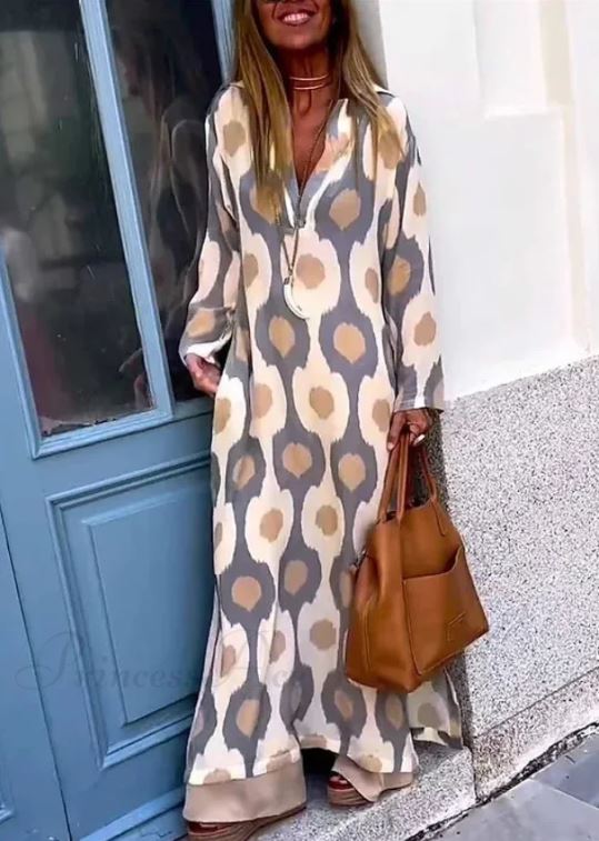 Robe Boho à Col en V avec Imprimé Géométrique et Fente d'Automne