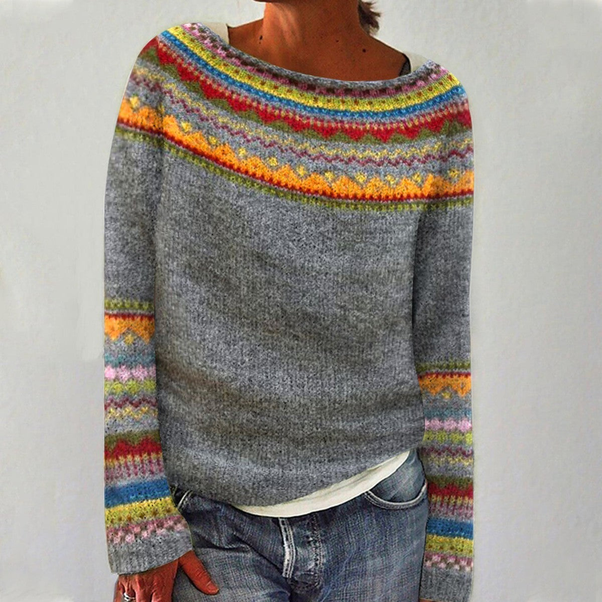 Giulia – Pull confortable - Gris/Arc-en-ciel