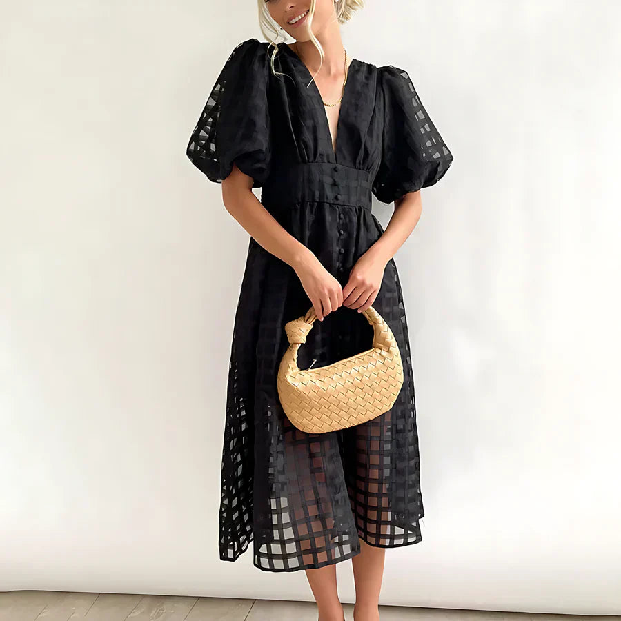 Cindy - Robe Midi avec Manches Bouffantes et Motif Classique