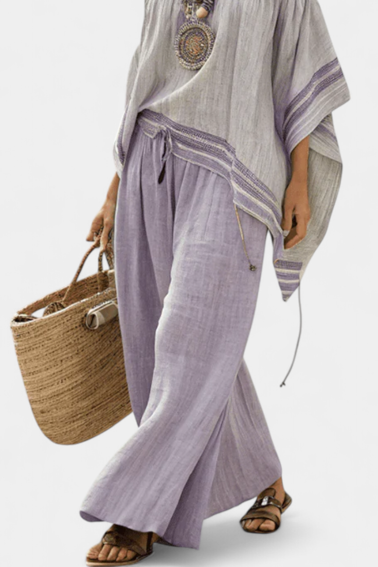 Ensemble en lin de bambou à rayures, avec épaules dénudées et pantalons larges pour un style élégant et frais