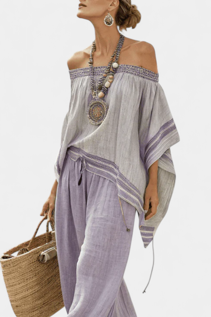 Ensemble en lin de bambou à rayures, avec épaules dénudées et pantalons larges pour un style élégant et frais
