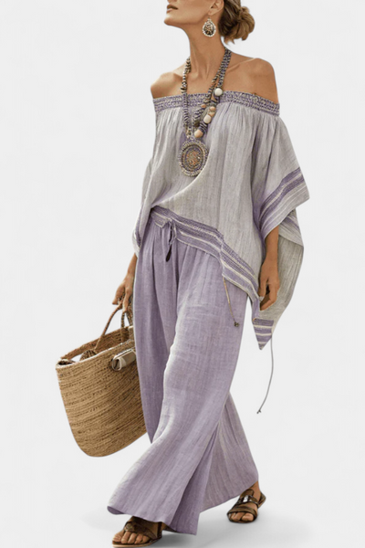 Ensemble en lin de bambou à rayures, avec épaules dénudées et pantalons larges pour un style élégant et frais