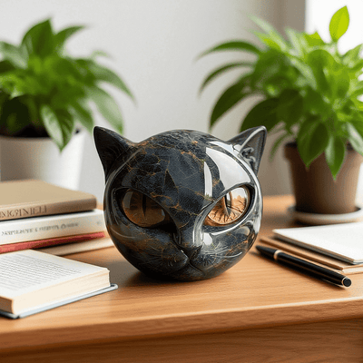 Sculpture de Tête de Chat Noir Mystique