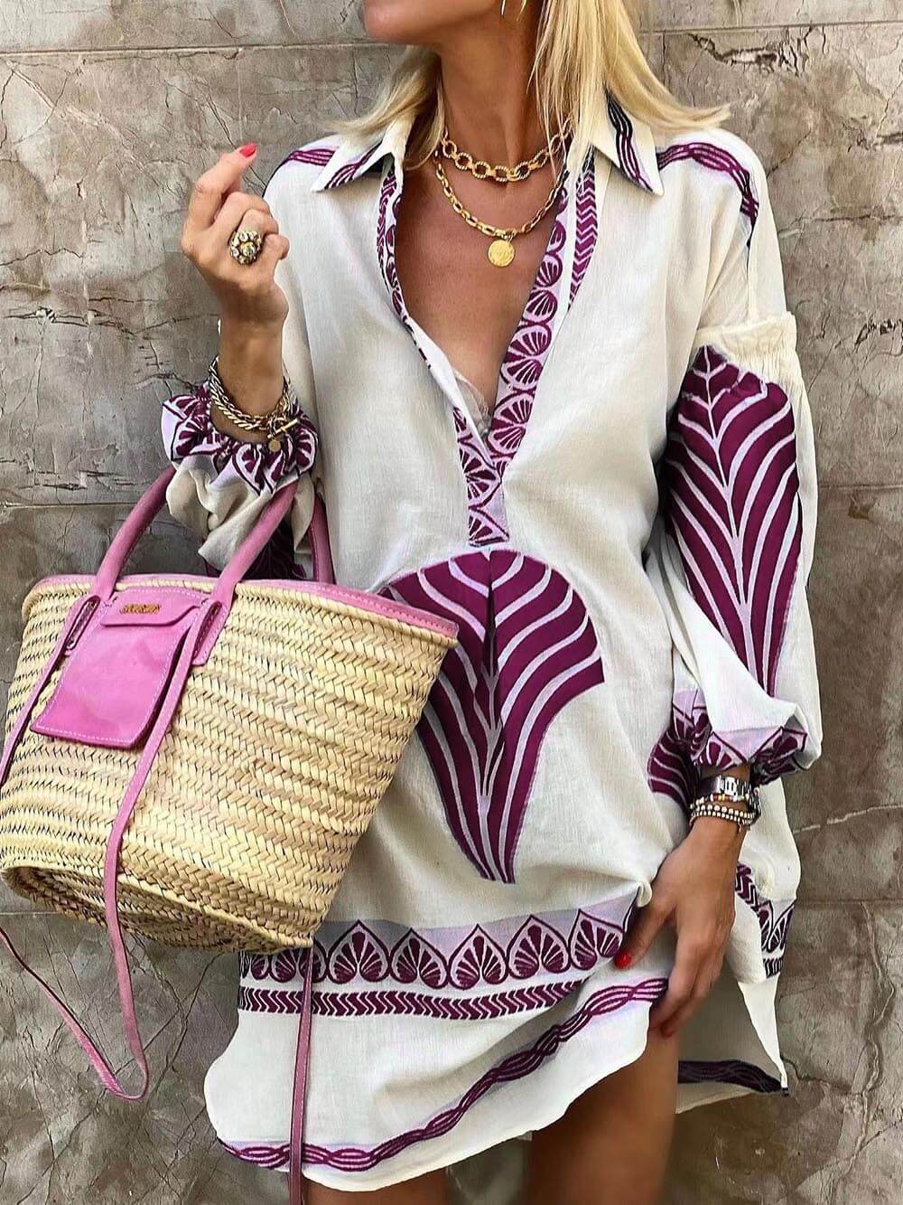 Kristine | Robe Mini de Vacances à Imprimé Unique Simple