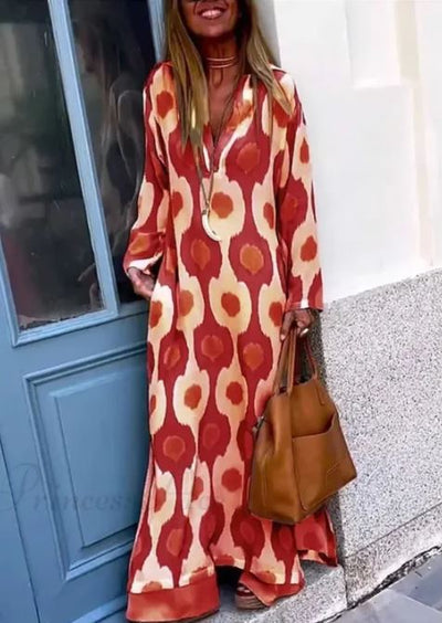 Robe Boho à Col en V avec Imprimé Géométrique et Fente d'Automne