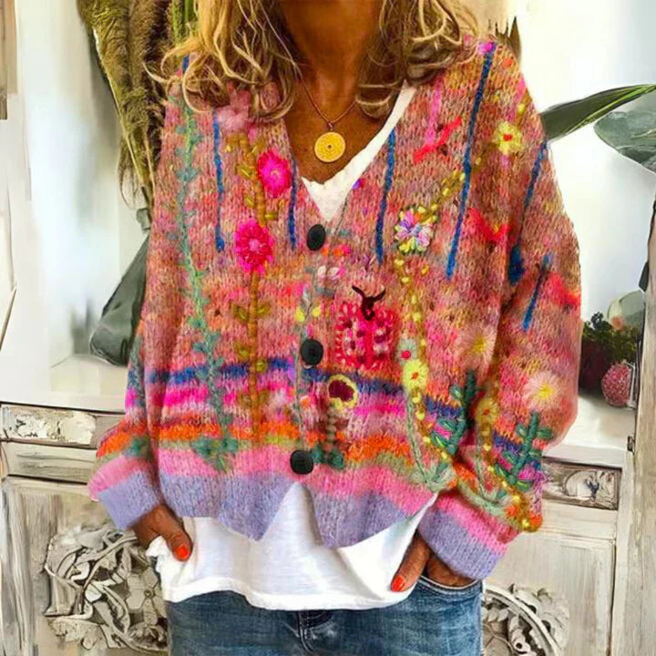 Angie | Veste en tricot chaude pour femmes avec fleurs | Bouton duvet