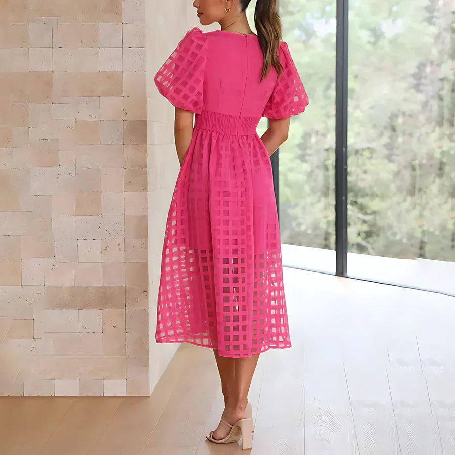 Cindy - Robe Midi avec Manches Bouffantes et Motif Classique