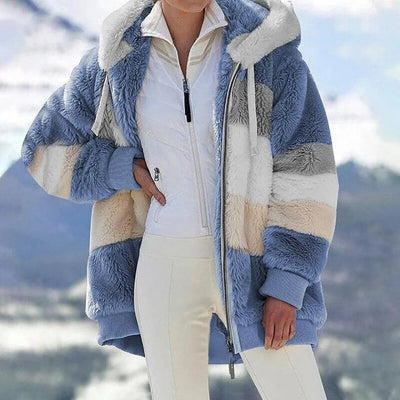 2025 Veste d'hiver en peluche avec capuche colorblock et poches pour femmes