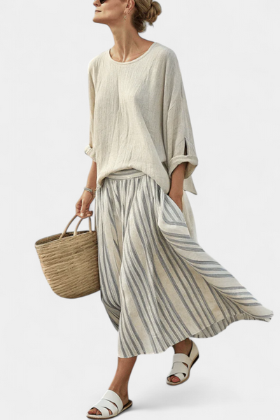 Ensemble Décontracté Daisy avec Blouse Oversize et Jupe Midi Rayée en Lin de Bambou pour un Style Élégant et Confortable
