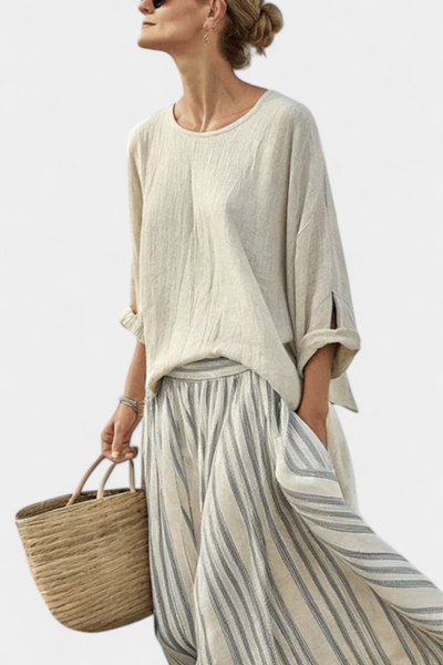 Ensemble Décontracté Daisy avec Blouse Oversize et Jupe Midi Rayée en Lin de Bambou pour un Style Élégant et Confortable