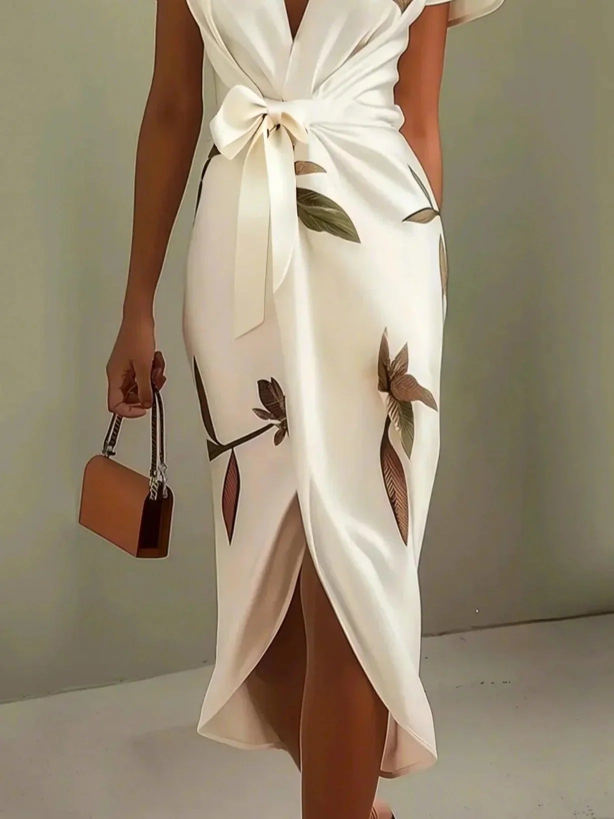 Robe midi ajustée en satin avec manches courtes et motif à feuilles blanches