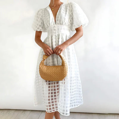 Cindy - Robe Midi avec Manches Bouffantes et Motif Classique