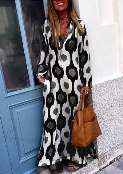 Robe Boho à Col en V avec Imprimé Géométrique et Fente d'Automne