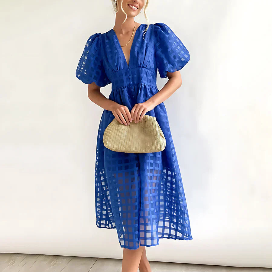 Cindy - Robe Midi avec Manches Bouffantes et Motif Classique