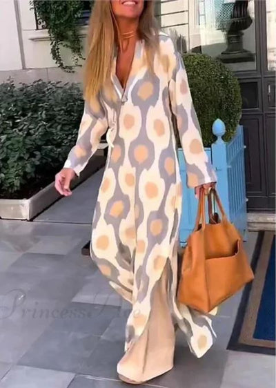Robe Boho à Col en V avec Imprimé Géométrique et Fente d'Automne