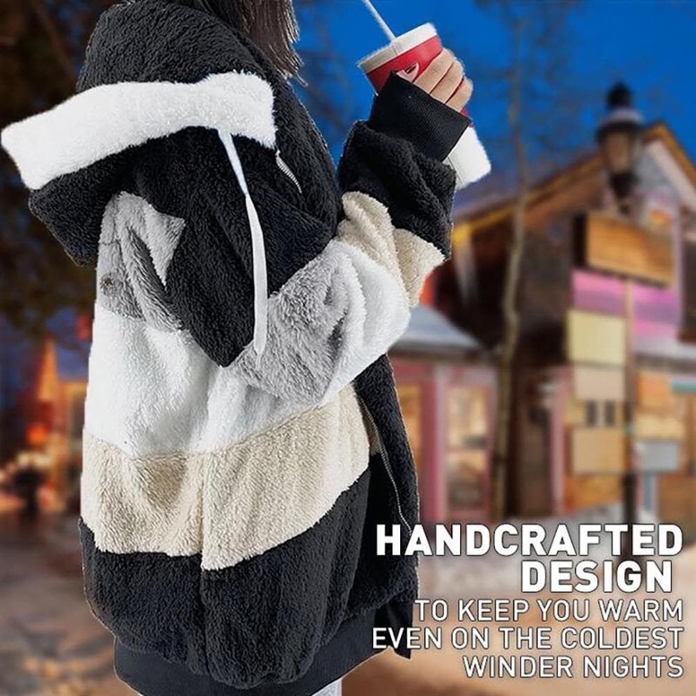 2025 Veste d'hiver en peluche avec capuche colorblock et poches pour femmes