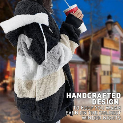 2025 Veste d'hiver en peluche avec capuche colorblock et poches pour femmes