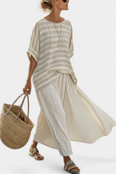 Ensemble en lin de bambou Daisy avec blouse à rayures élégante et pantalons fluides pour un style moderne et confortable