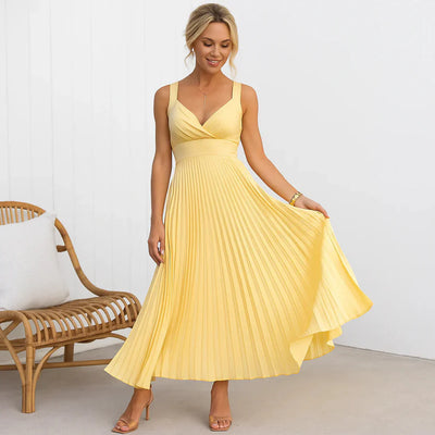 Rozemarijn™ | Robe Maxi Plissée V-Cou Jaune