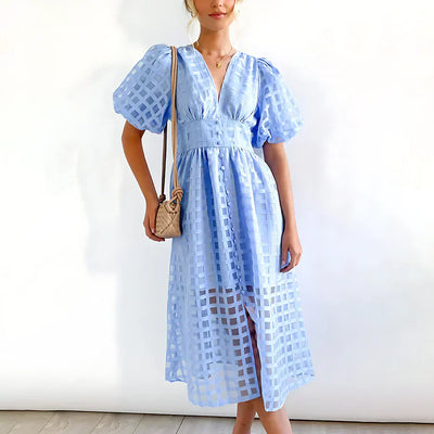 Cindy - Robe Midi avec Manches Bouffantes et Motif Classique
