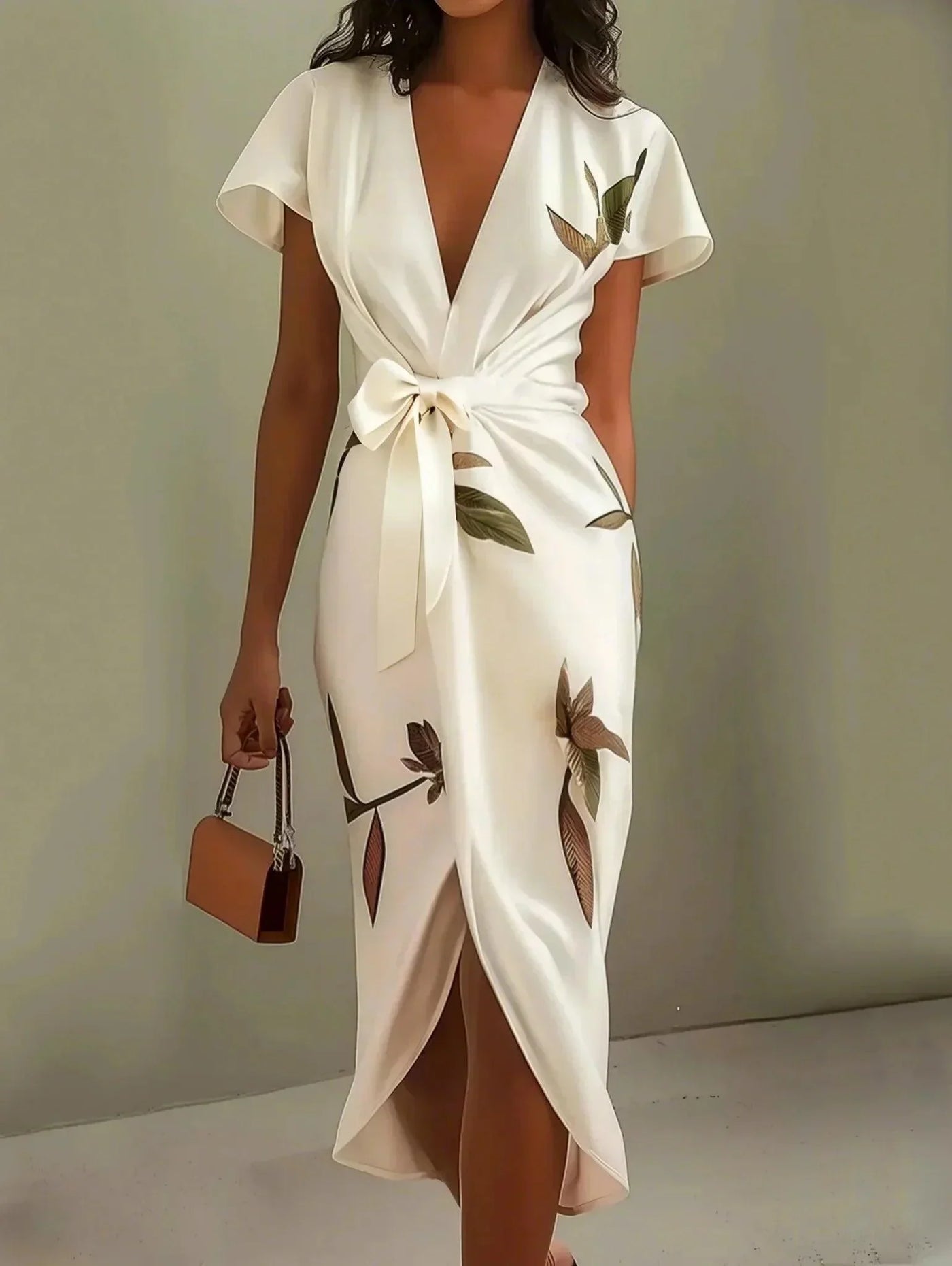 Robe midi ajustée en satin avec manches courtes et motif à feuilles blanches