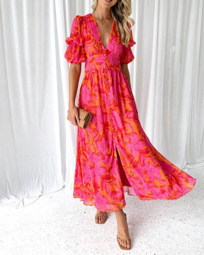 Alva - Robe Maxi Élégante avec Manches Bouffantes et Décolleté en V