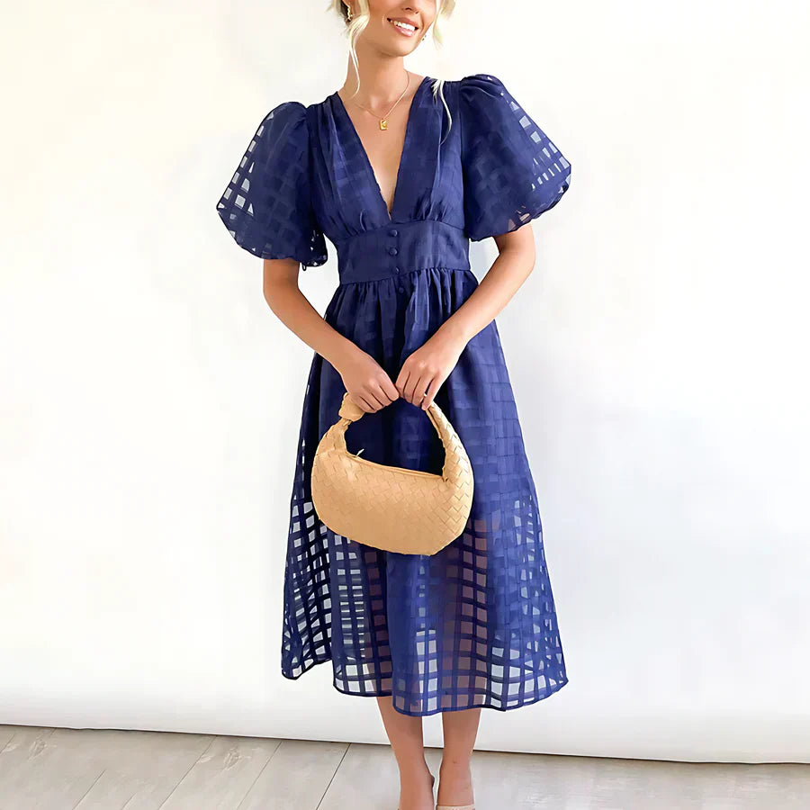 Cindy - Robe Midi avec Manches Bouffantes et Motif Classique