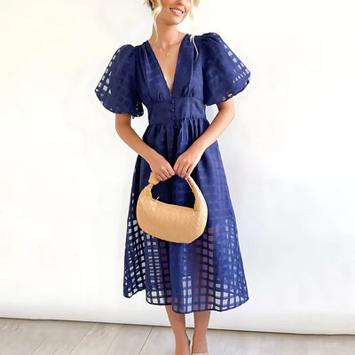 Cindy - Robe Midi avec Manches Bouffantes et Motif Classique