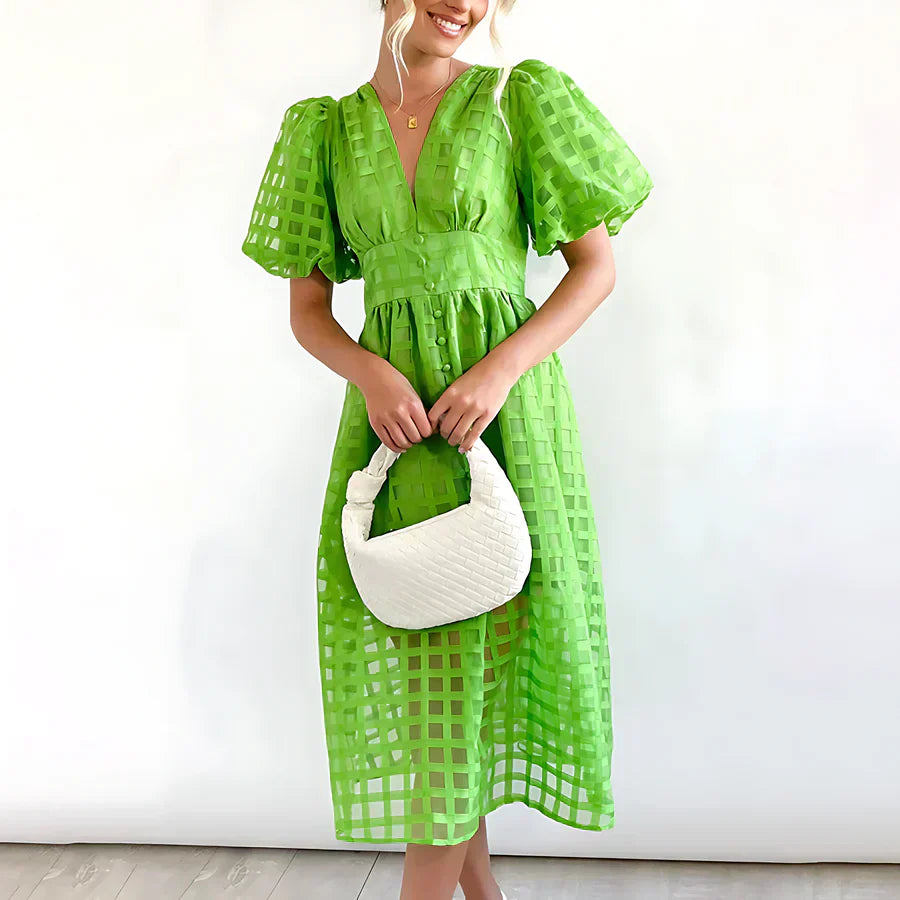 Cindy - Robe Midi avec Manches Bouffantes et Motif Classique