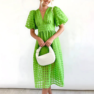 Cindy - Robe Midi avec Manches Bouffantes et Motif Classique