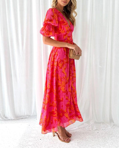 Alva - Robe Maxi Élégante avec Manches Bouffantes et Décolleté en V
