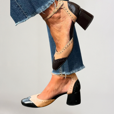 TESSA | PATCHWORK À TALONS KHAKI AVEC BRACELET DE CHEVILLE ET BOUCLE