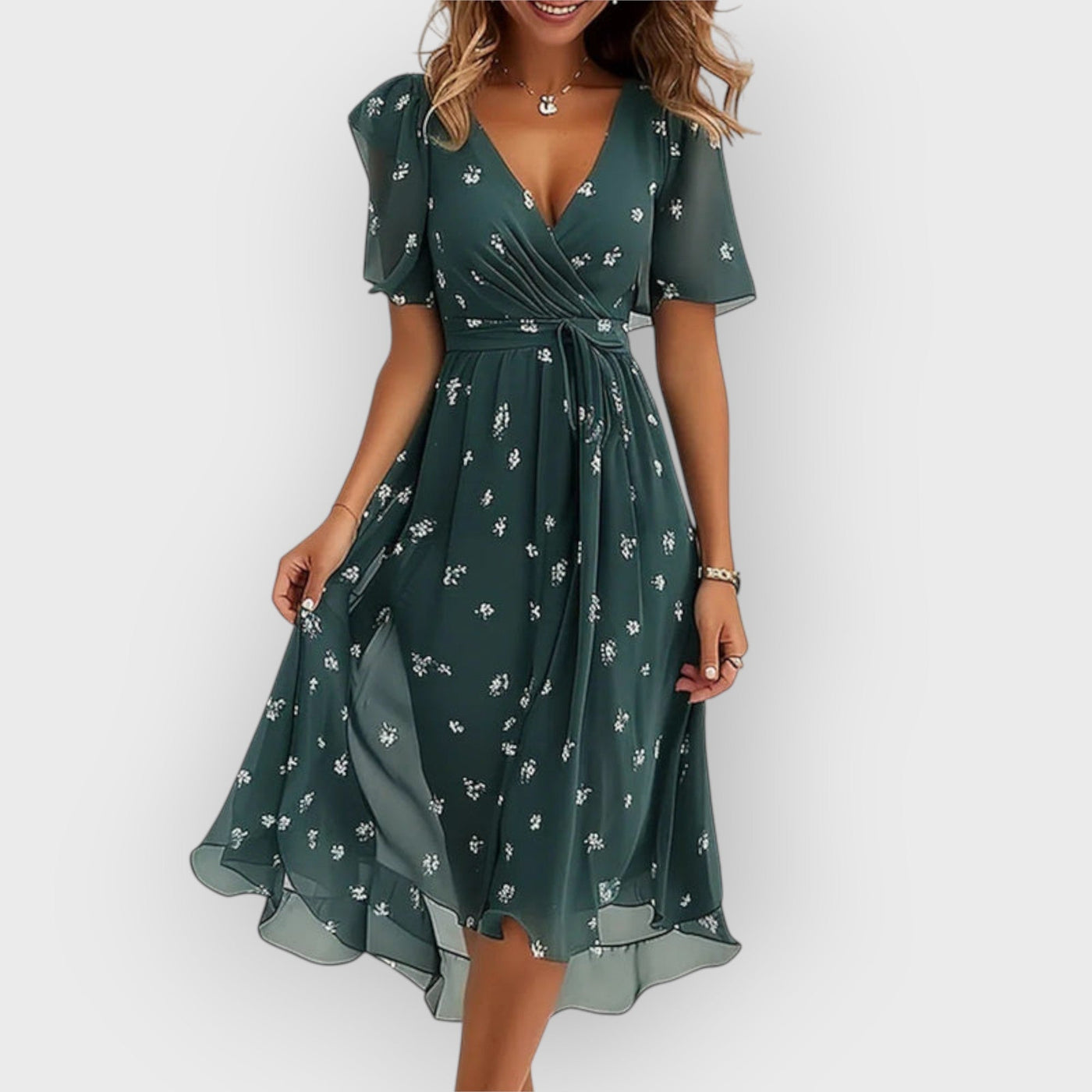 Daisy | Robe Midi Fleurie Élégante avec Décolleté en V