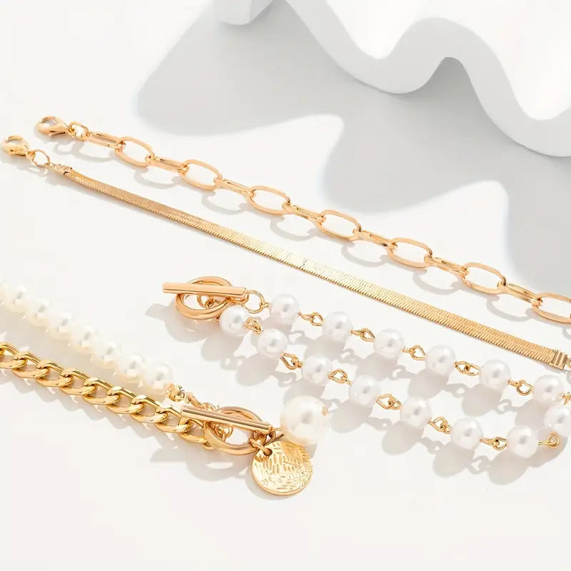 Ensemble de 4 bracelets Chic Gold – Serpent, perles et maillons | Or