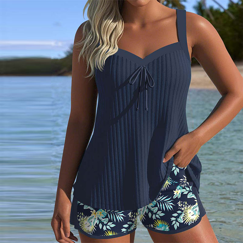 Clémence | Tankini Rayé Deux Pièces Short De Plage