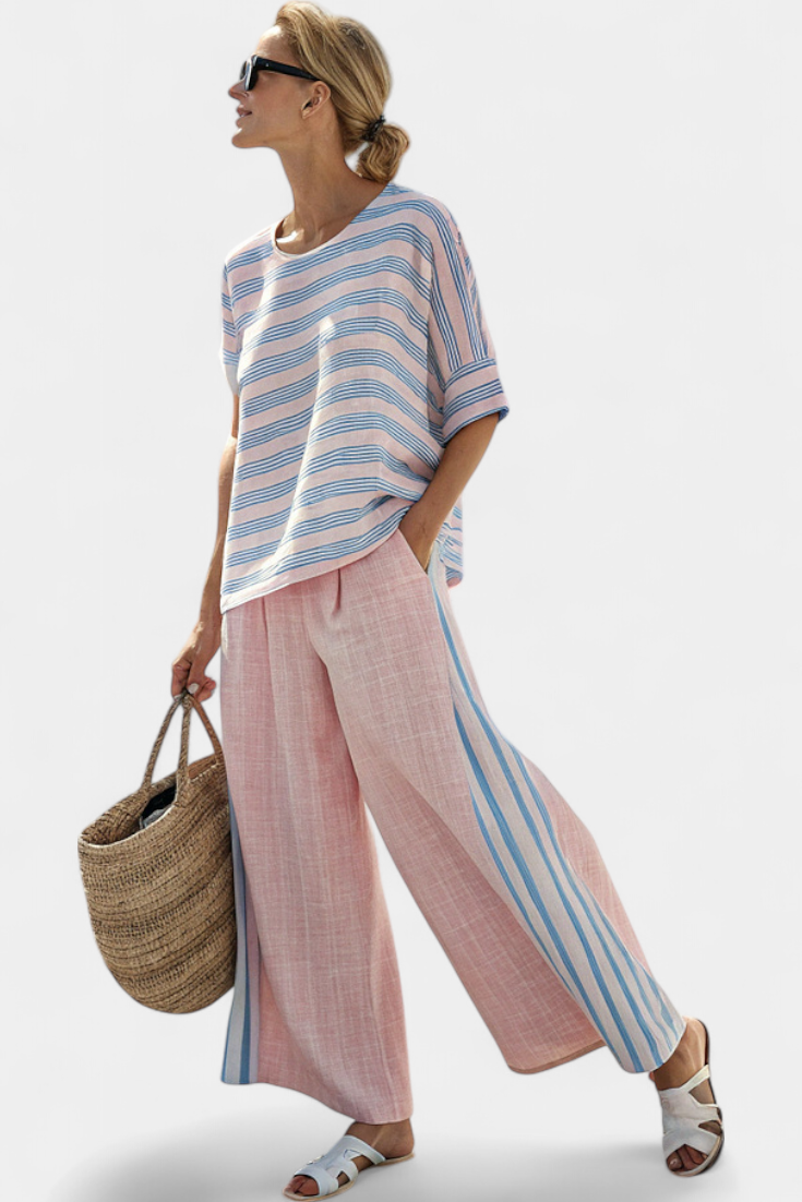 Ensemble en lin de bambou Daisy Méditerranée en délicat rose pastel avec élégantes rayures bleues