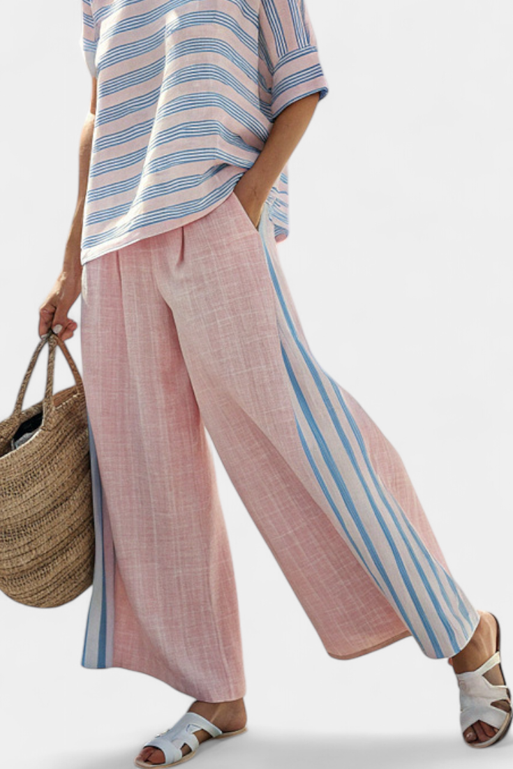 Ensemble en lin de bambou Daisy Méditerranée en délicat rose pastel avec élégantes rayures bleues