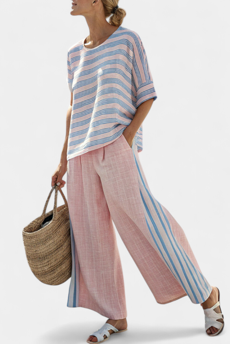Ensemble en lin de bambou Daisy Méditerranée en délicat rose pastel avec élégantes rayures bleues