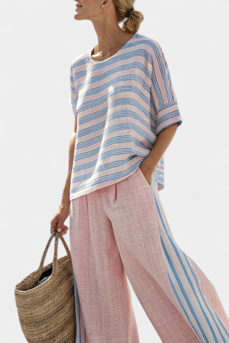 Ensemble en lin de bambou Daisy Méditerranée en délicat rose pastel avec élégantes rayures bleues